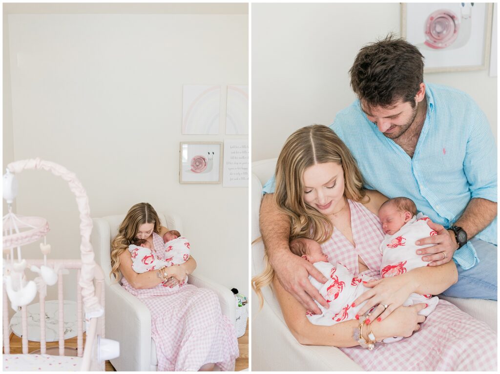 Parents hold their newborn twins in a cream nursery chair during a lifestyle newborn session in Gaithersburg, MD.