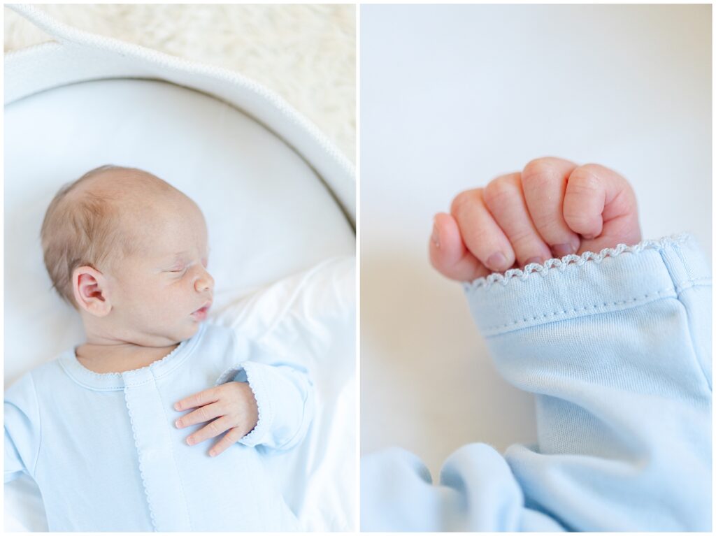 Newborn baby sleeps in a pale blue outfit with delicate scalloped trim, shown in a close-up of their tiny hand and full-body portrait—highlighting simple, timeless wardrobe choices for newborn photography.