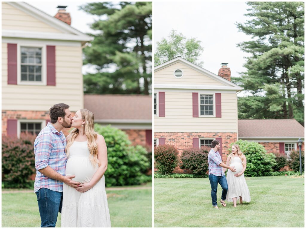 Their dog runs through the yard as mom and dad enjoy their spring maternity session at home in Maryland.