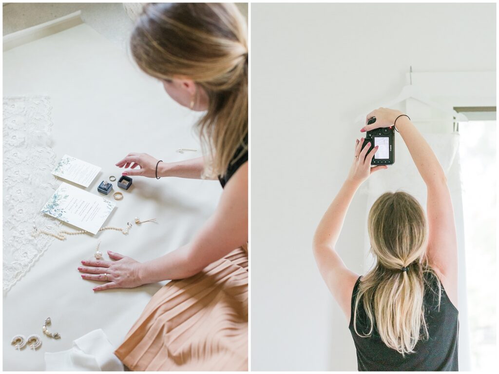 Photographer styling flatlay details and capturing dress photo during wedding prep, illustrating the importance of intentional timeline coverage for detail photography