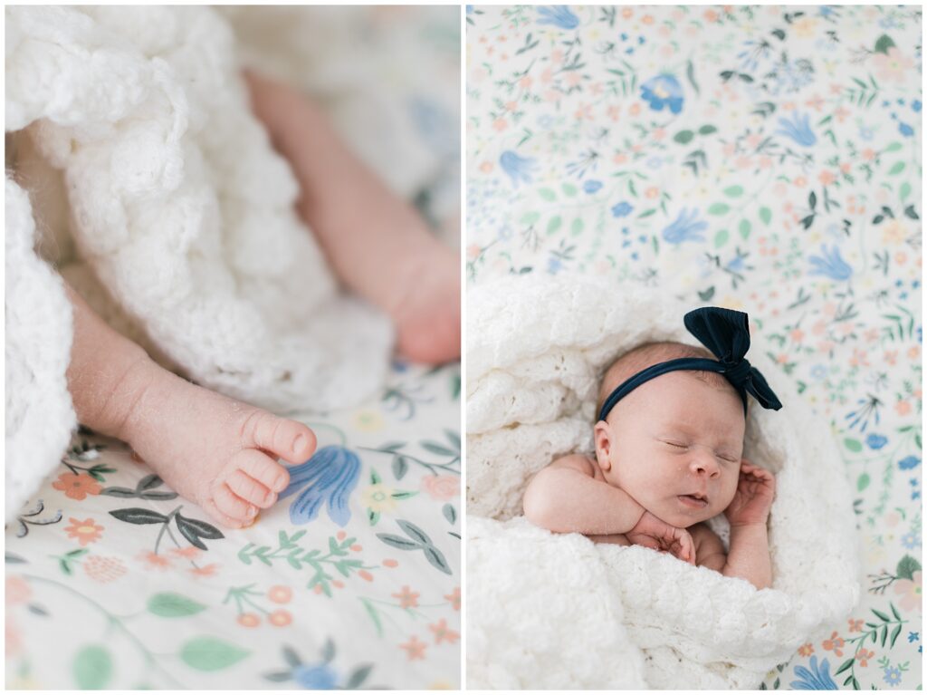 Close-up of a newborn’s tiny feet and a swaddled baby resting on a floral print blanket, showing how soft textures and heirloom patterns add visual interest during a lifestyle newborn session.