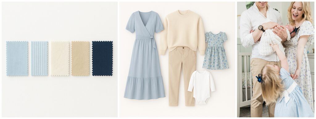 A newborn session style board showing a blue and neutral color palette, coordinated family outfit flat lay, and real-life photo of a family wearing soft, timeless tones for an in-home newborn session.