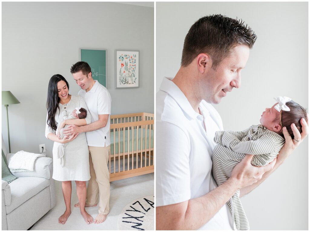 Parents dressed in soft neutral tones cradle their newborn swaddled in a cream and olive striped wrap, showcasing cohesive and comfortable styling for an in-home newborn photo session.