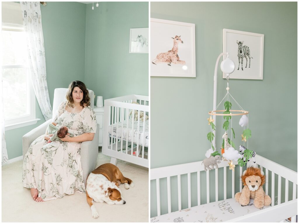 Mother holds newborn in a sage green nursery with safari-themed accents, wearing a neutral floral dress as her dog rests beside her—showing how thoughtful nursery styling and soft wardrobe tones support beautiful in-home newborn portraits.