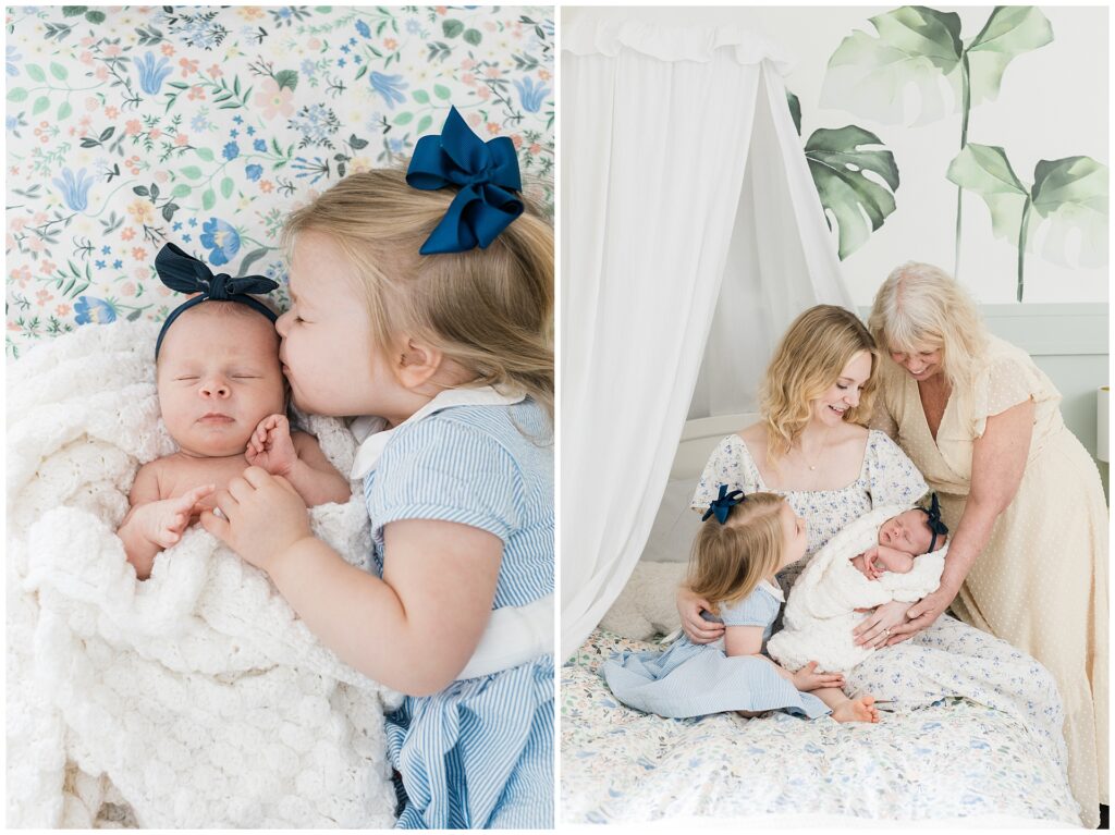 Big sister kisses newborn baby on floral bedding while wearing a soft blue dress, followed by a multi-generational portrait of mother, daughter, and grandmother in soft dresses—perfect inspiration for styling extended family newborn sessions.