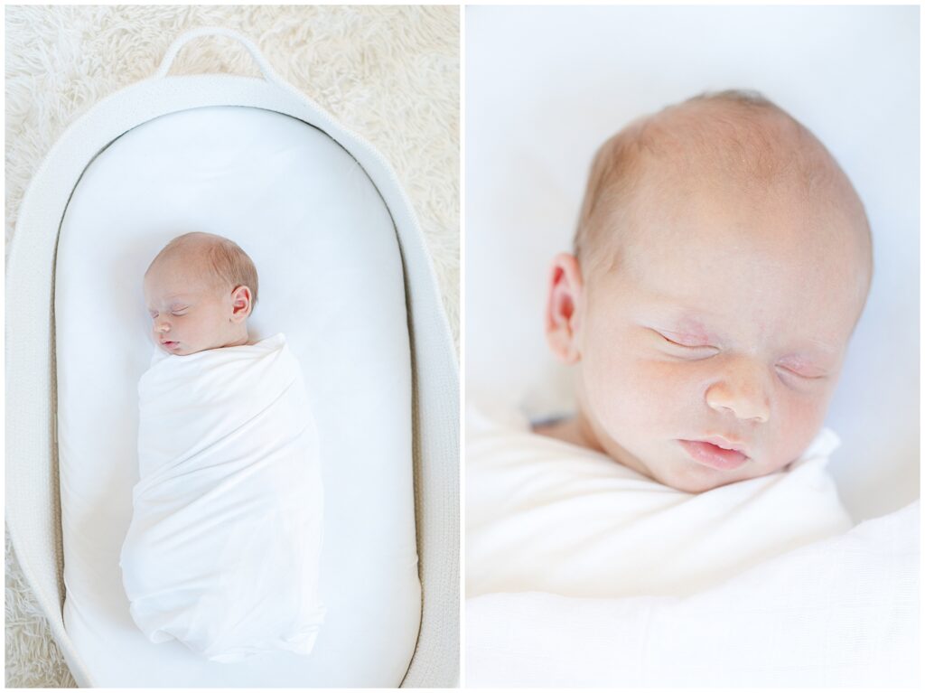 Newborn baby swaddled in a soft white muslin wrap, sleeping peacefully in a neutral Moses basket on a textured rug—showing how minimal styling can keep the focus on natural newborn beauty.