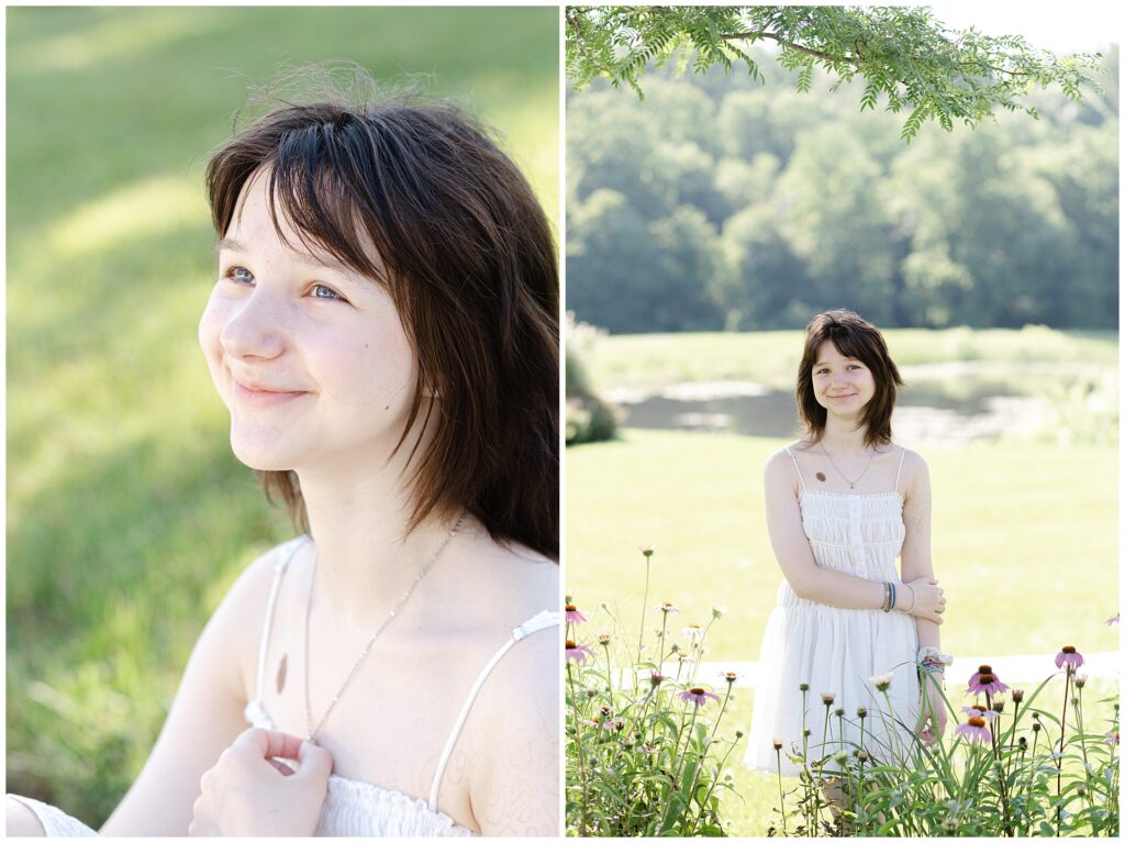 A senior from Atholton high school takes her senior photos in Maple Lawn, Fulton Maryland surrounded by wildflowers