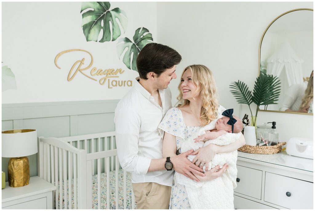 Relaxed lifestyle newborn photos with parents at home in Old Town Alexandria