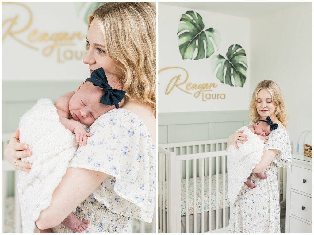 Mom during natural light newborn portrait captured at home in Old Town Alexandria