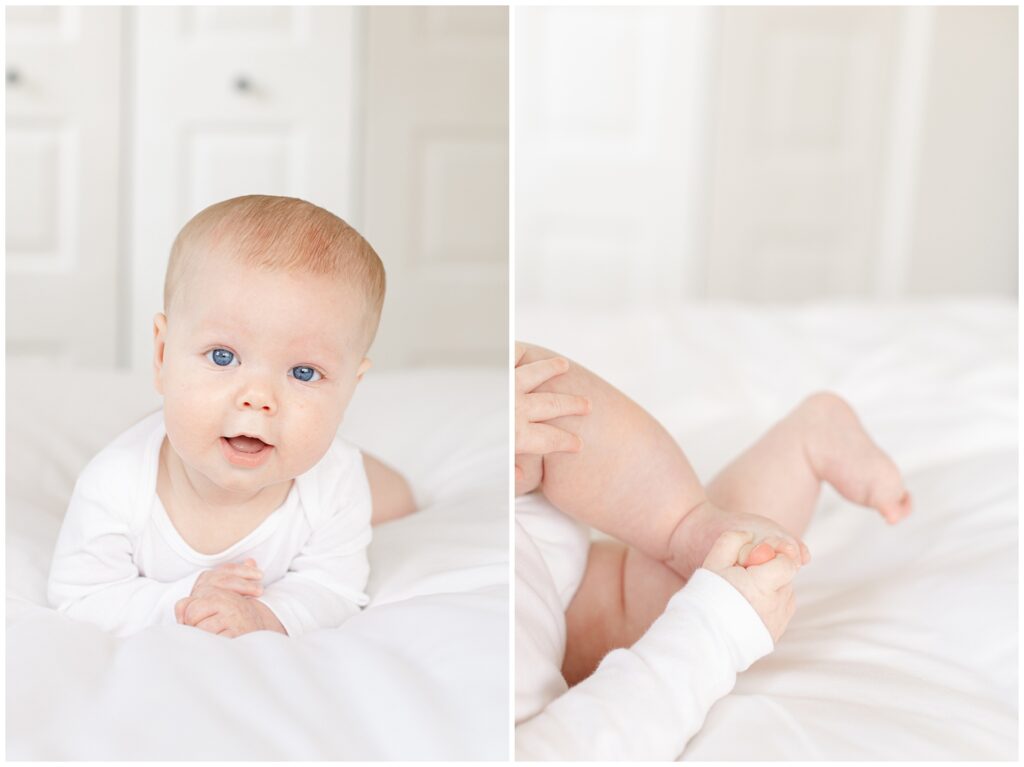 Five-month baby milestone portrait in natural light with simple, timeless styling