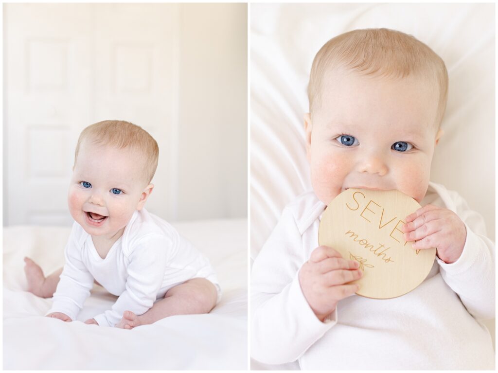 Seven-month milestone photo of baby with soft styling and minimal background in Howard County