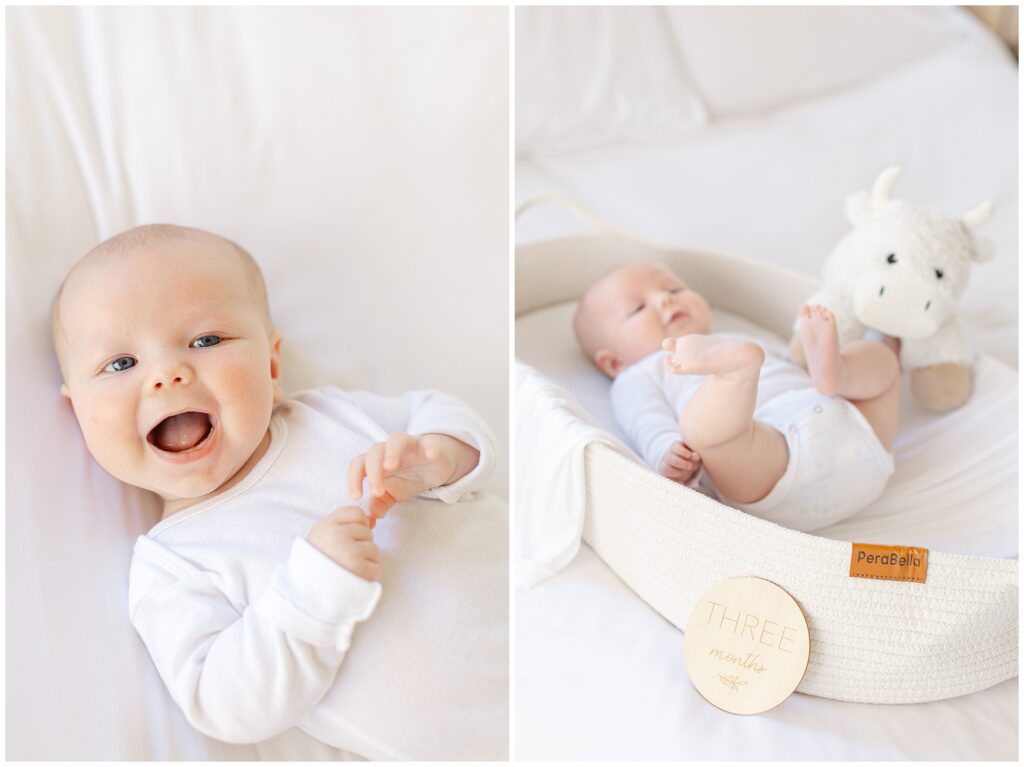 Three-month baby milestone portrait with soft styling and white bassinet in Howard County home