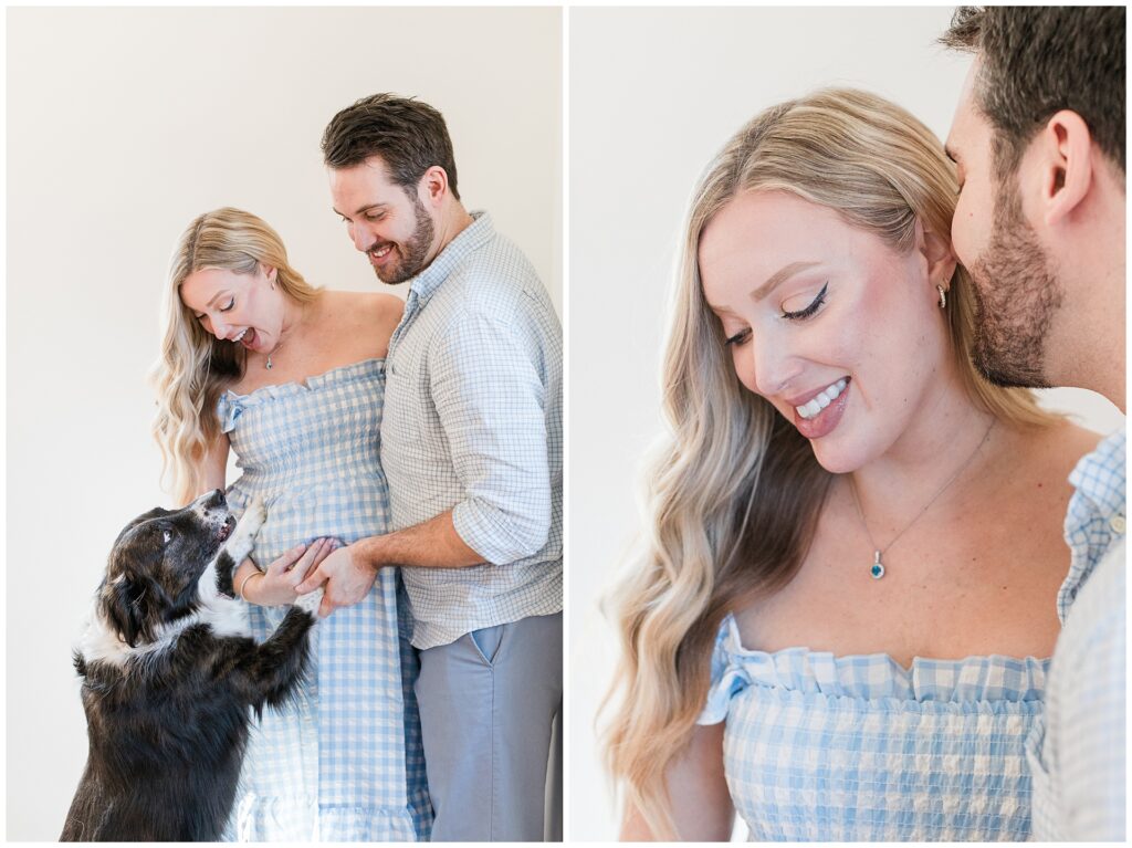 Expecting parents during a lifestyle maternity session at home in Montgomery County, Maryland, styled in soft blues for their baby boy with their dog