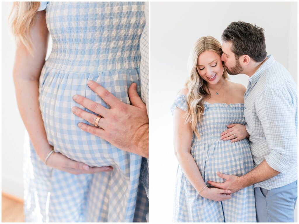 Expecting parents during a lifestyle maternity session at home in Montgomery County, Maryland, styled in soft blues for their baby boy.