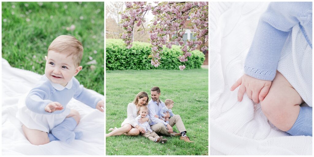 Howard County family photography with baby under cherry blossoms