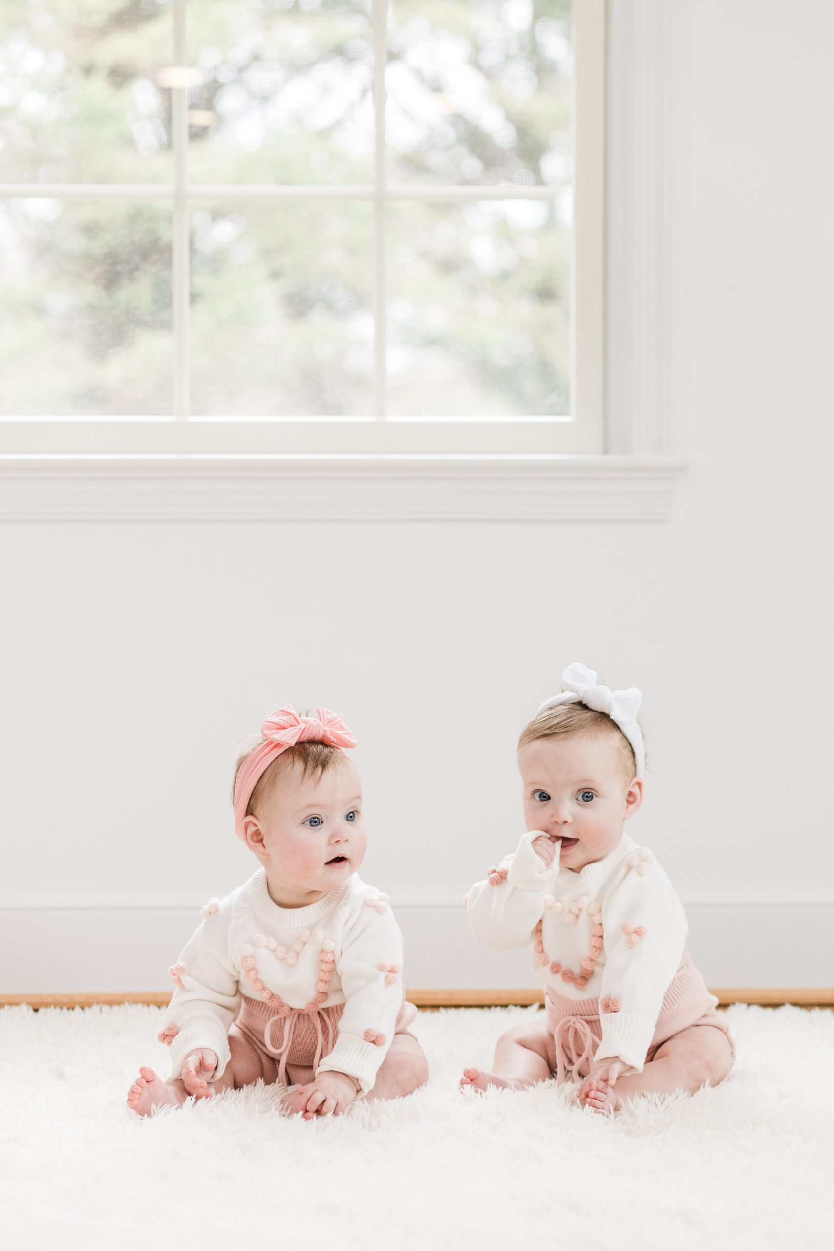 Six-month-old twin girls during a milestone family session in Gaithersburg, Maryland, photographed by a Montgomery County family photographer.