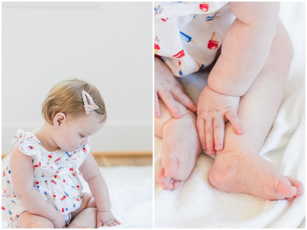 One-year-old twin girls crawling and playing together during a milestone family session in Montgomery County, Maryland.