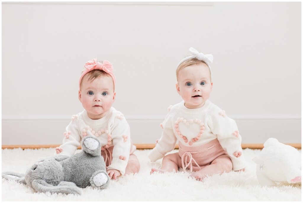 Six-month-old twin girls during a milestone family session in Gaithersburg, Maryland, photographed by a Montgomery County family photographer.