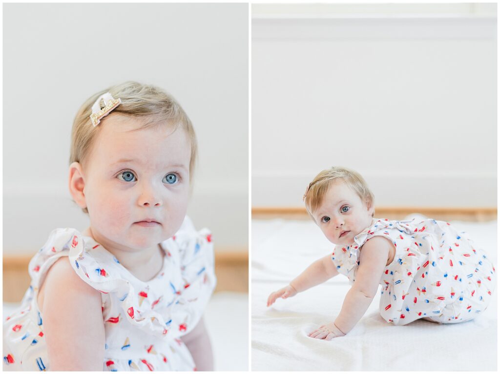 One-year-old twin girls crawling and playing together during a milestone family session in Montgomery County, Maryland.