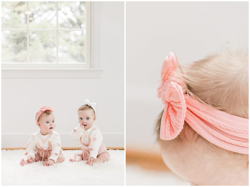 twin girls during a milestone family session in Gaithersburg, Maryland, photographed by a Montgomery County family photographer.