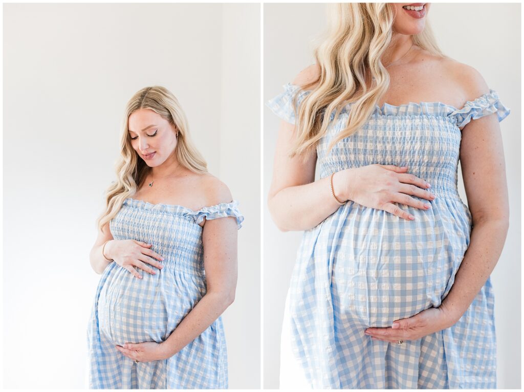 Pregnant mother in a blue gingham maternity dress during an at-home photo session in Montgomery County, Maryland.