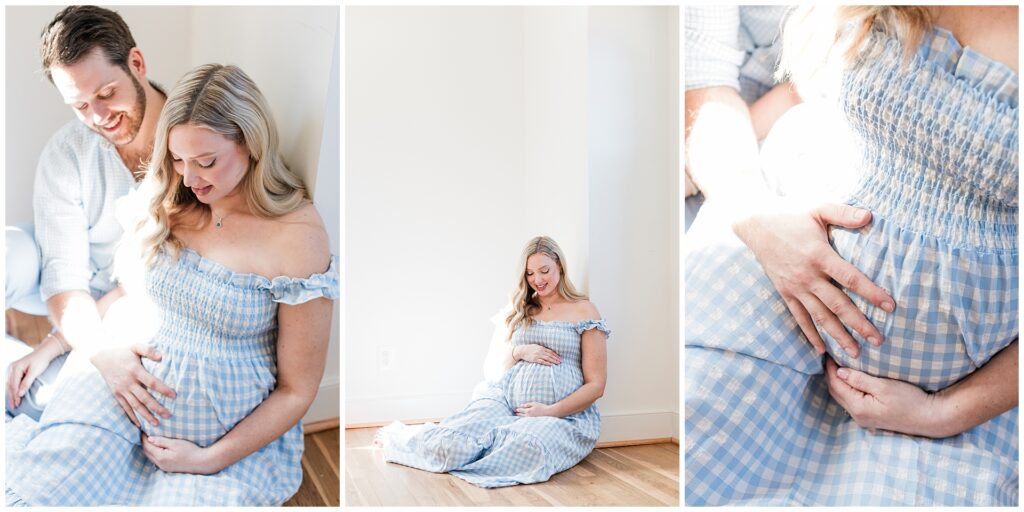 Pregnant mother in a blue gingham maternity dress during an at-home photo session in Montgomery County, Maryland.