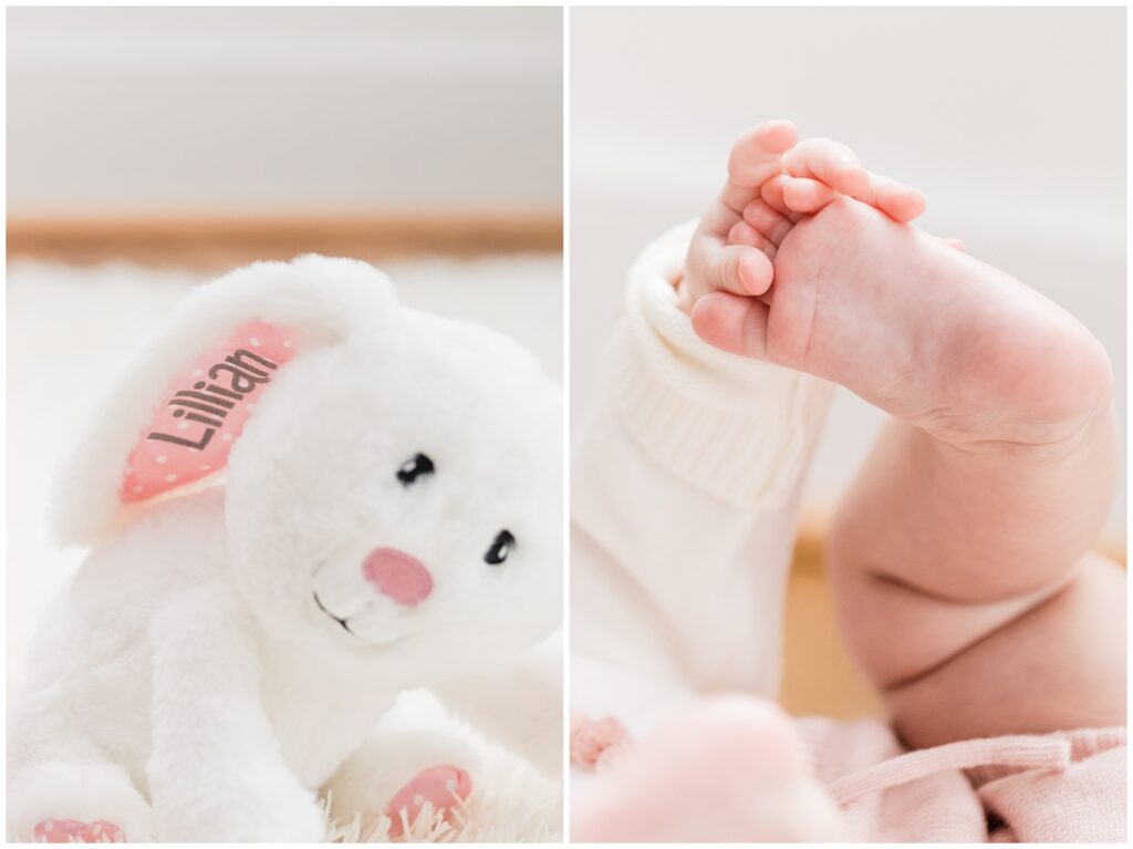 Baby girl and her stuffed rabbit during a milestone family session in Gaithersburg, Maryland, photographed by a Montgomery County family photographer.