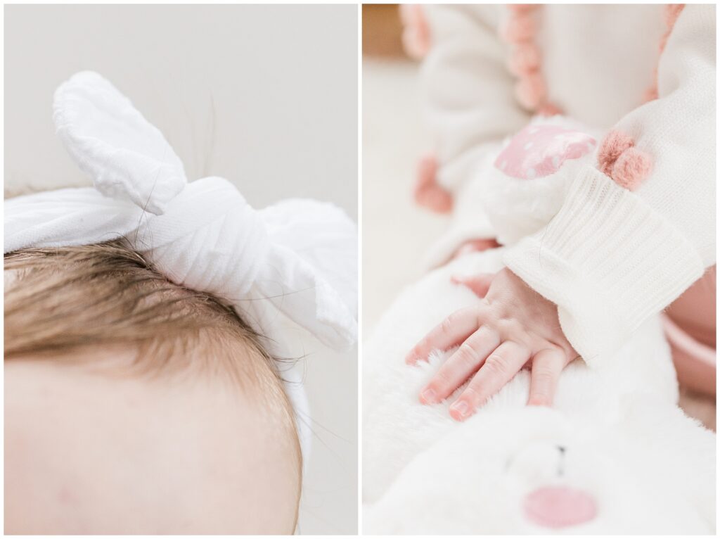 Baby girl and her stuffed rabbit during a milestone family session in Gaithersburg, Maryland, photographed by a Montgomery County family photographer.