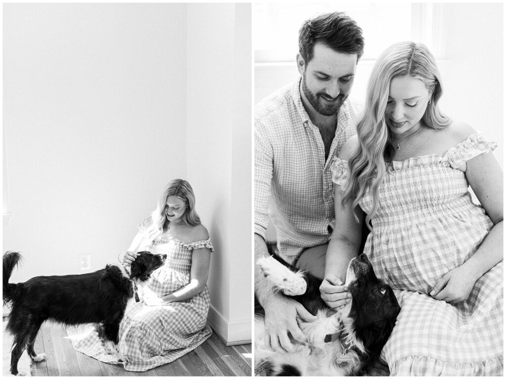 Pregnant mother in a blue gingham maternity dress during an at-home photo session in Montgomery County, Maryland.