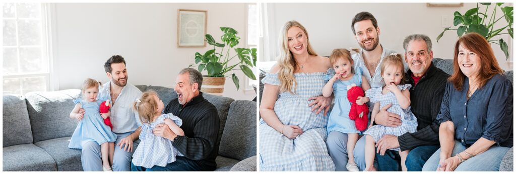 Parents and grandparents during maternity dress during an at-home photo session in Montgomery County, Maryland.
