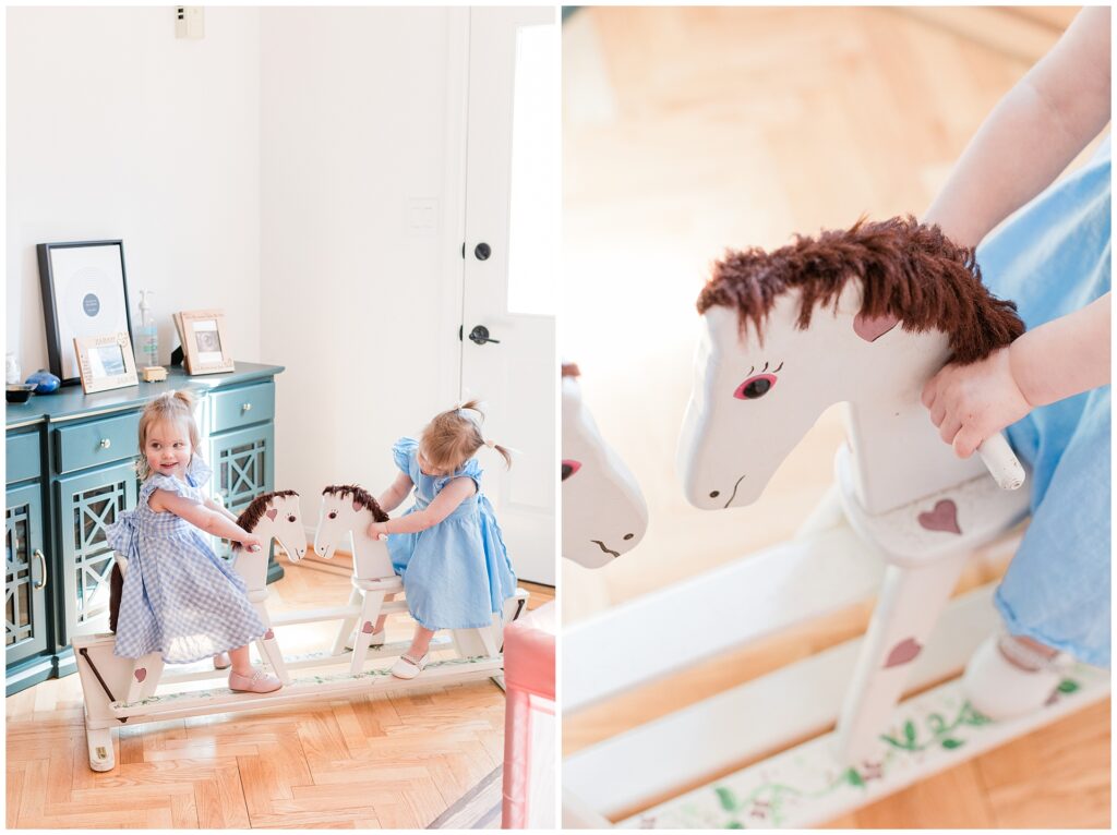 Twin toddler daughters during an in-home maternity session in Montgomery County, Maryland, celebrating the upcoming arrival of their baby boy.