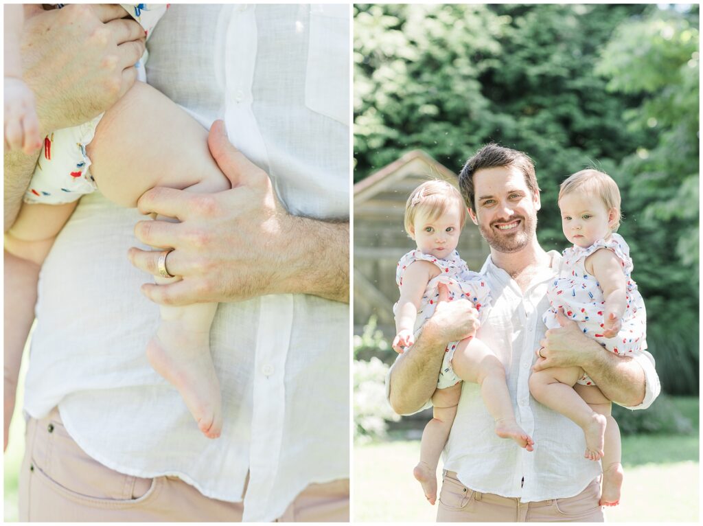 Dad holding her one-year-old twin girls during a milestone family session in Gaithersburg, Maryland.