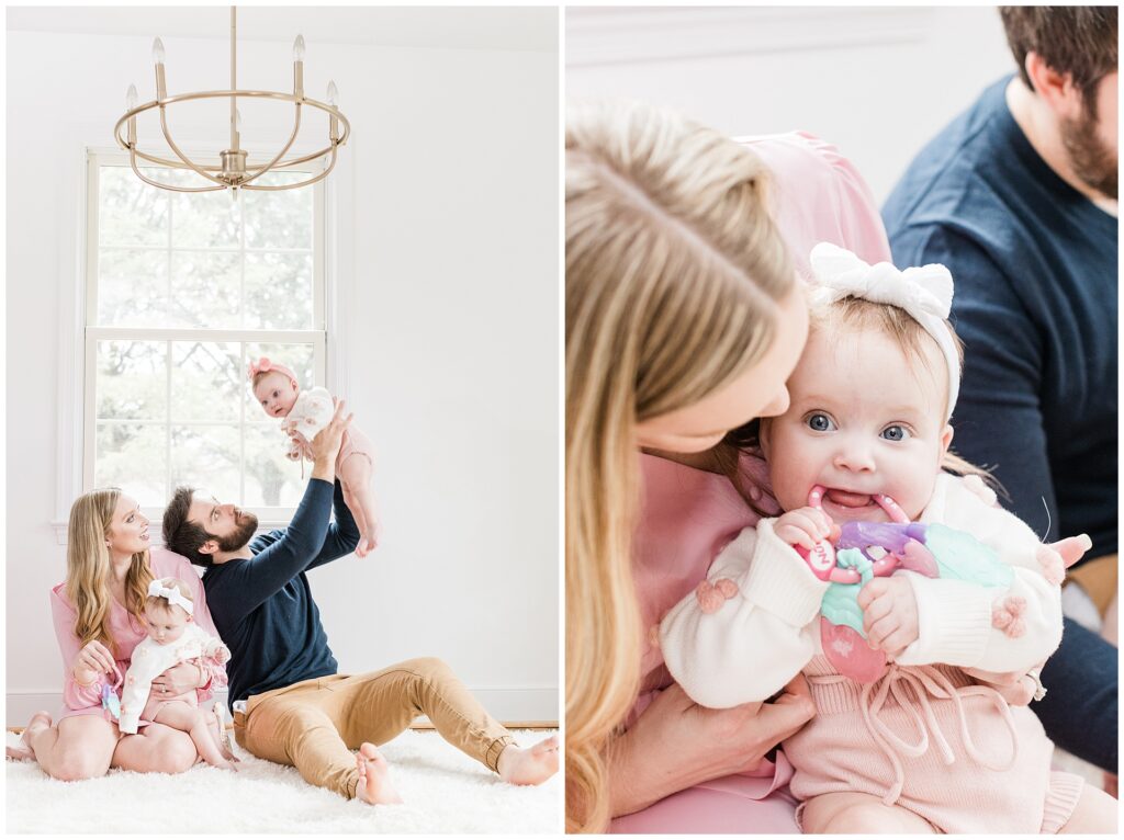 Parents with twin daughters during a six-month lifestyle family session at home in Gaithersburg, Maryland, by a Montgomery County family photographer.