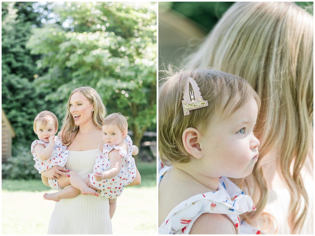 Mom holding her one-year-old twin girls during a milestone family session in Gaithersburg, Maryland.