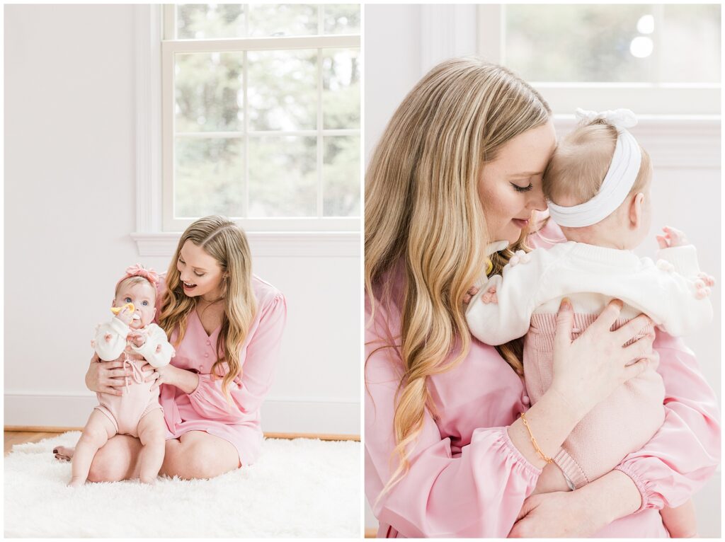 Mom with twin daughters during a six-month lifestyle family session at home in Gaithersburg, Maryland, by a Montgomery County family photographer.
