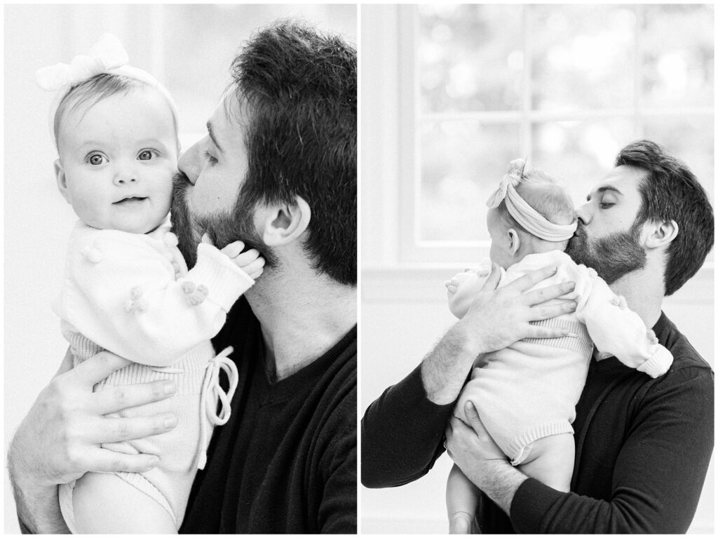 Dad with baby girl during a six-month lifestyle family session at home in Gaithersburg, Maryland, by a Montgomery County family photographer.