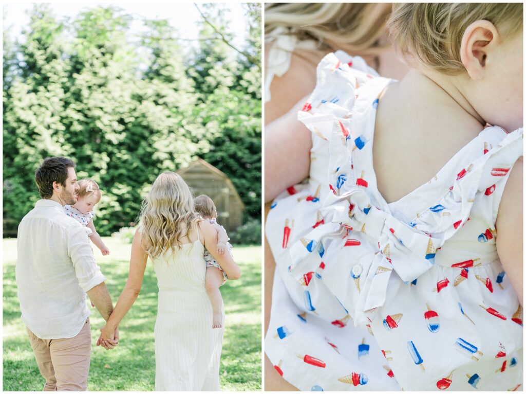 Parents walking with their one-year-old twin girls during a milestone family session in Gaithersburg, Maryland.