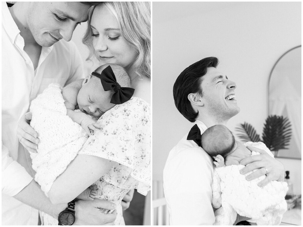Laughing father during relaxed lifestyle newborn photos with parents at home in Old Town Alexandria