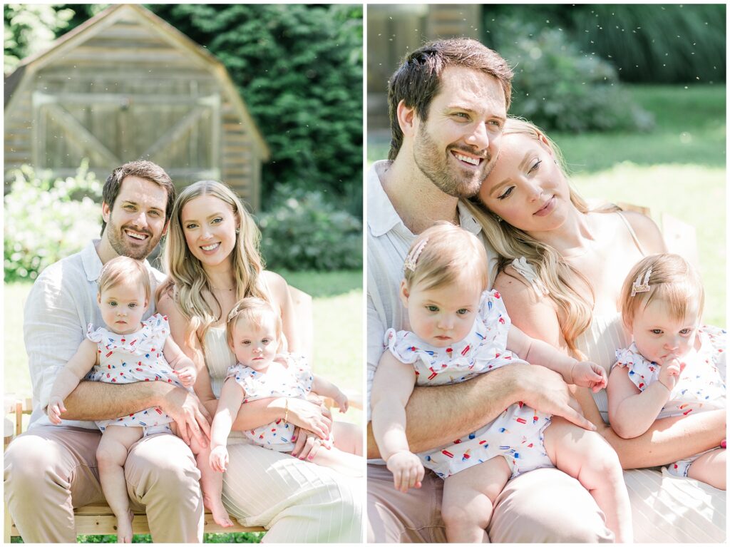 Parents sittinf with their one-year-old twin girls during a milestone family session in Gaithersburg, Maryland.