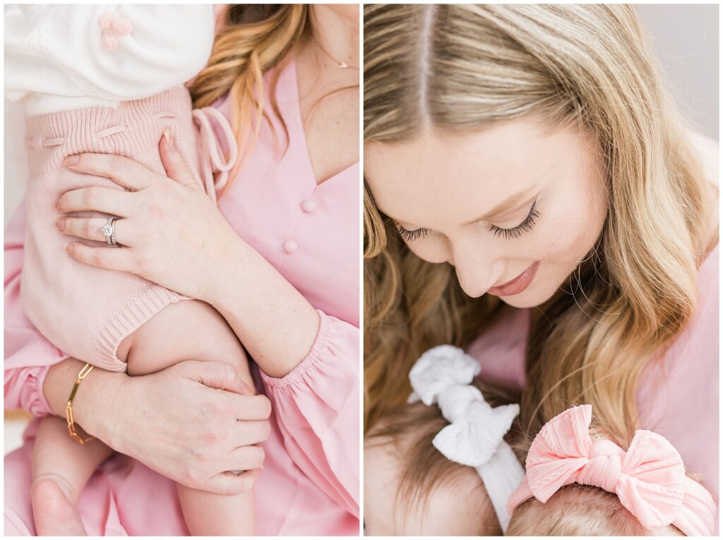 Mom with twin daughters during a six-month lifestyle family session at home in Gaithersburg, Maryland, by a Montgomery County family photographer.