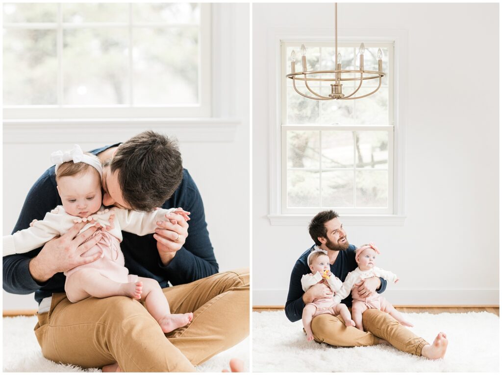 Dad with twin daughters during a six-month lifestyle family session at home in Gaithersburg, Maryland, by a Montgomery County family photographer.