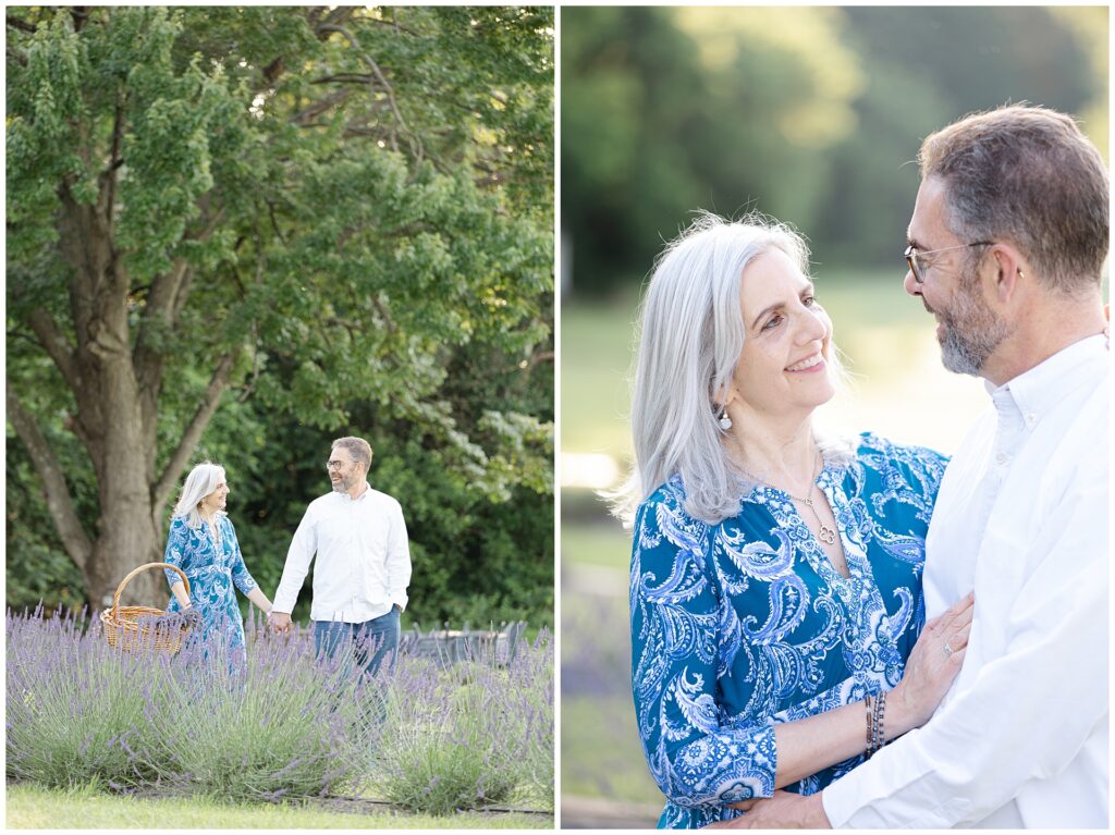 Couple walking hand in hand through lavender field at golden hour; perfect for couples searching for relaxed photo session ideas in Gaithersburg or Montgomery County