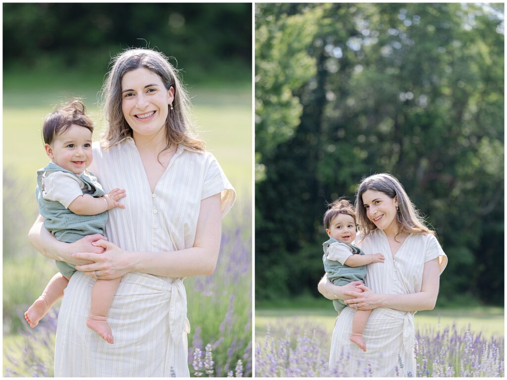 Mother holding baby girl during Montgomery County family mini session, standing in blooming lavender; mom’s flowy white dress offers timeless styling inspiration for lavender family photos