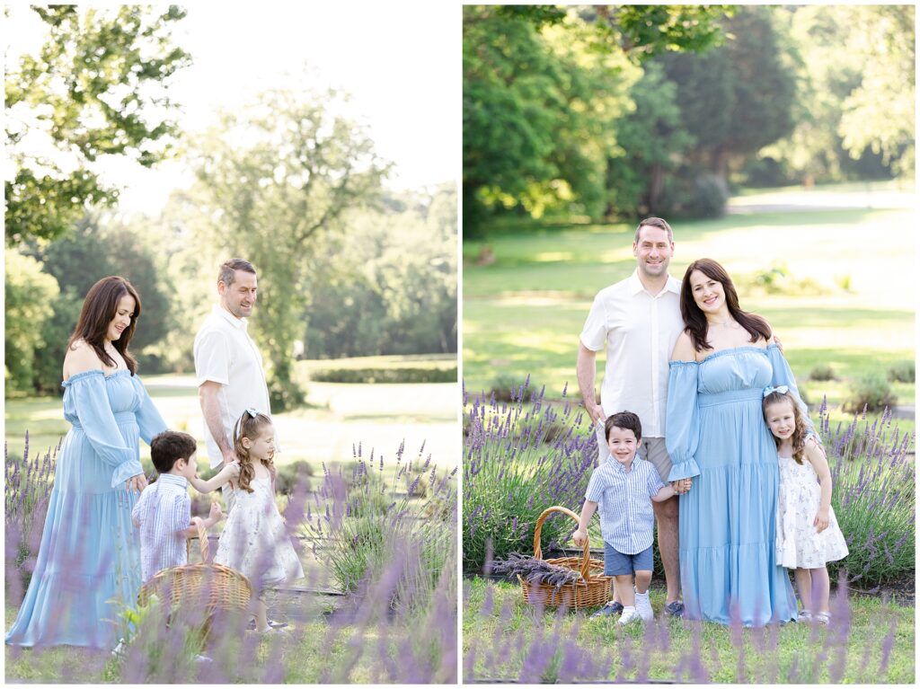 Brother and sister sitting together during Gaithersburg mini session, wearing light blue and floral prints; lavender field backdrop shows how to style young kids for summer photo sessions in Maryland