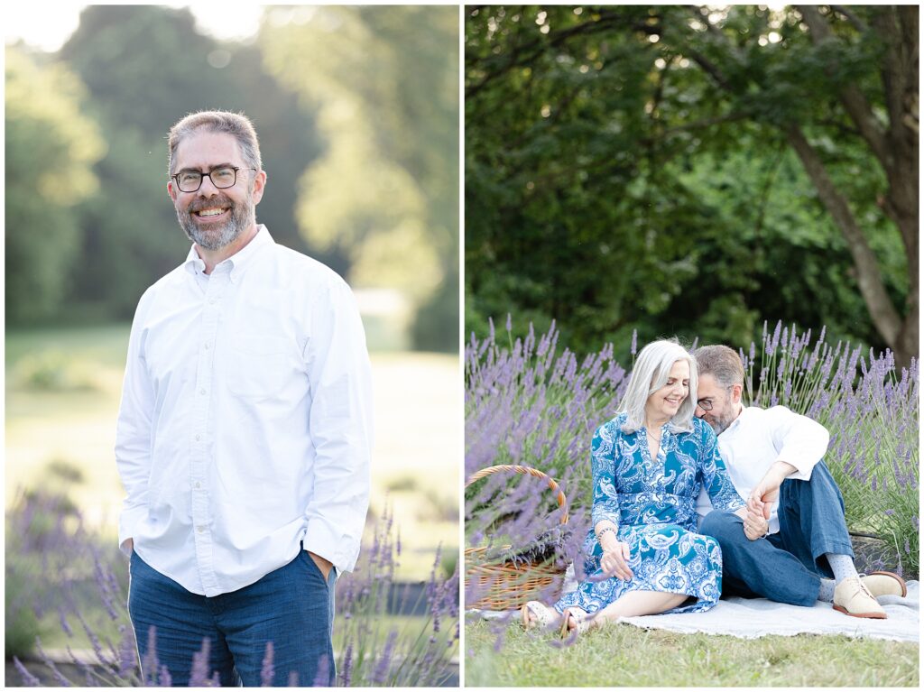 Portrait of man in white linen-style shirt and jeans during lavender session in Montgomery County; relaxed outfit inspiration for men’s casual photo session styling