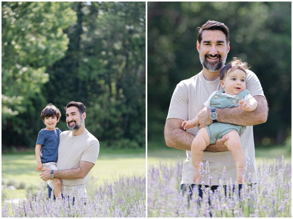 Father and toddler sharing a moment at Karis Lavender Farm mini session, walking through purple lavender rows; neutral t-shirt and navy shorts show casual but coordinated outfit ideas for dads