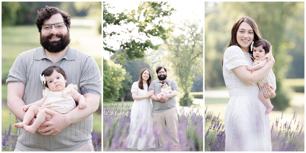 Mother cuddling infant daughter during Maryland lavender photo session; white summer dress and soft color palette offer styling ideas for postpartum-friendly mini session outfits