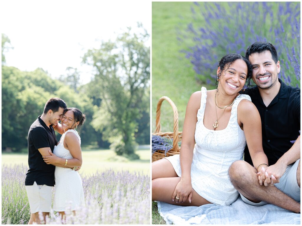 Couple smiling at camera during Montgomery County lavender mini session; soft natural light and simple styling show elegant, low-key wardrobe ideas for summer couples photography