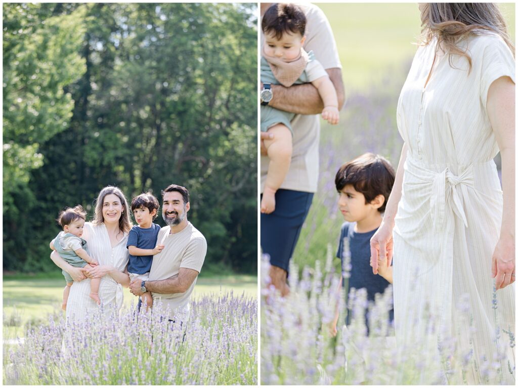 Full family portrait at Maryland lavender mini session, with parents and two children in soft summer outfits; classic white and blue color palette ideal for styling lavender photo sessions
