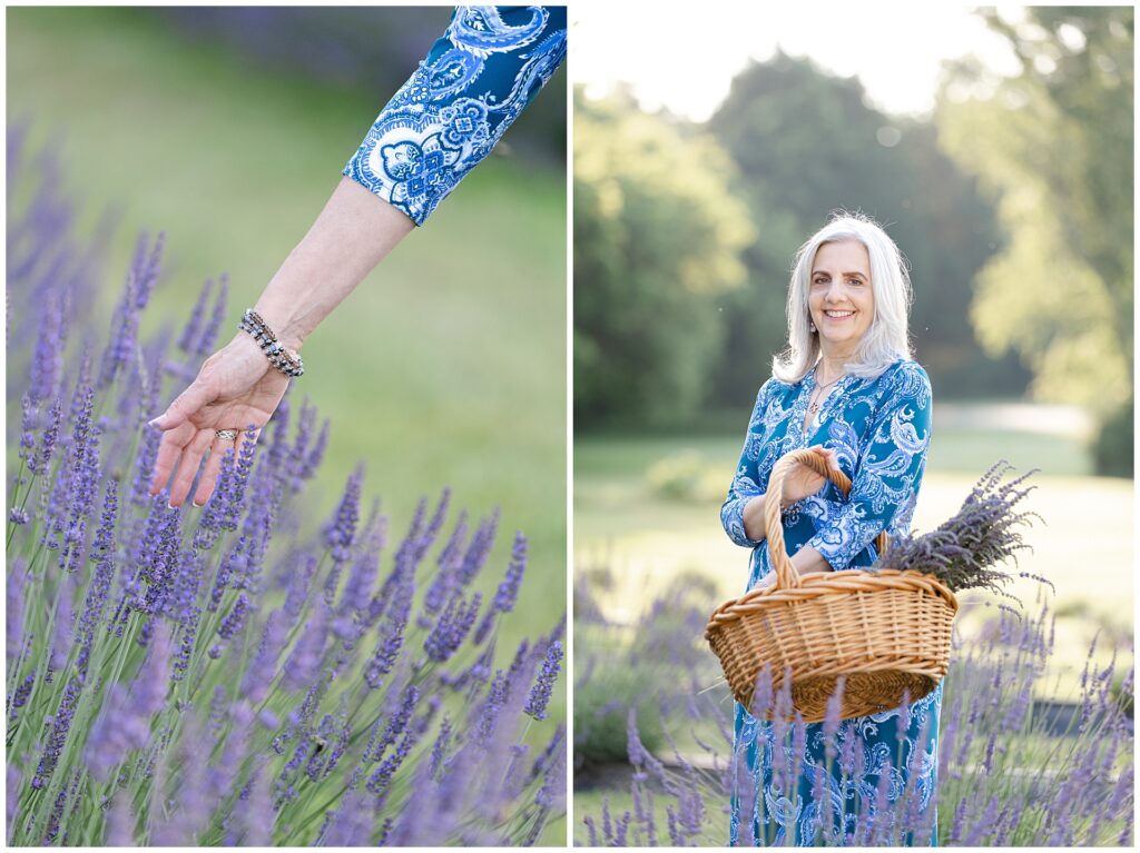 Portrait of woman in flowing blue paisley-print dress at Karis Lavender Farm; bold yet timeless styling choice for mature women attending a summer photo session in Maryland